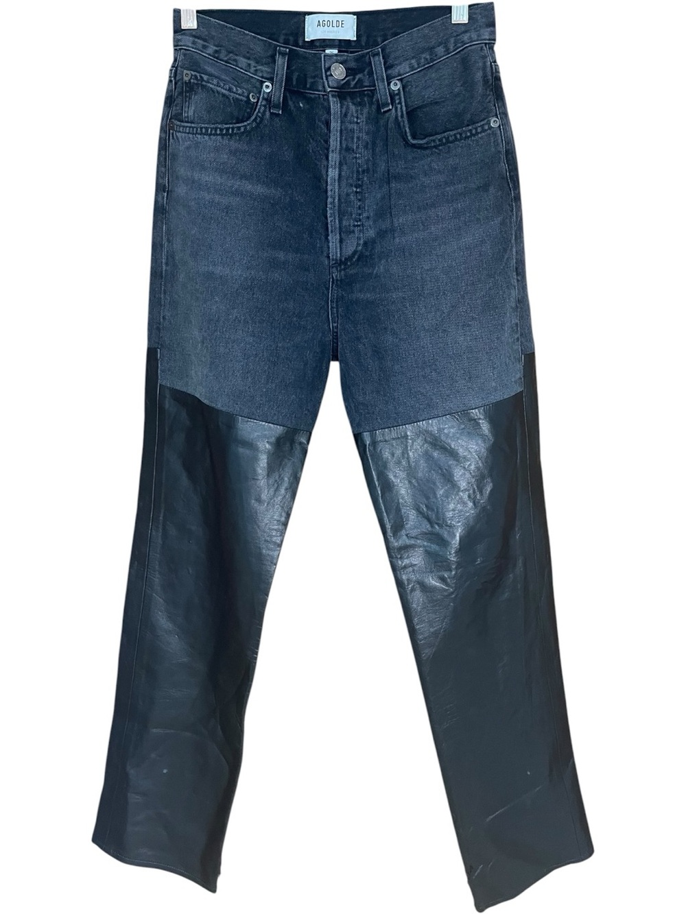 Agolde 90’s Pinch Waist Pieced Two-Tone Leather-Panel Denim Jeans Black